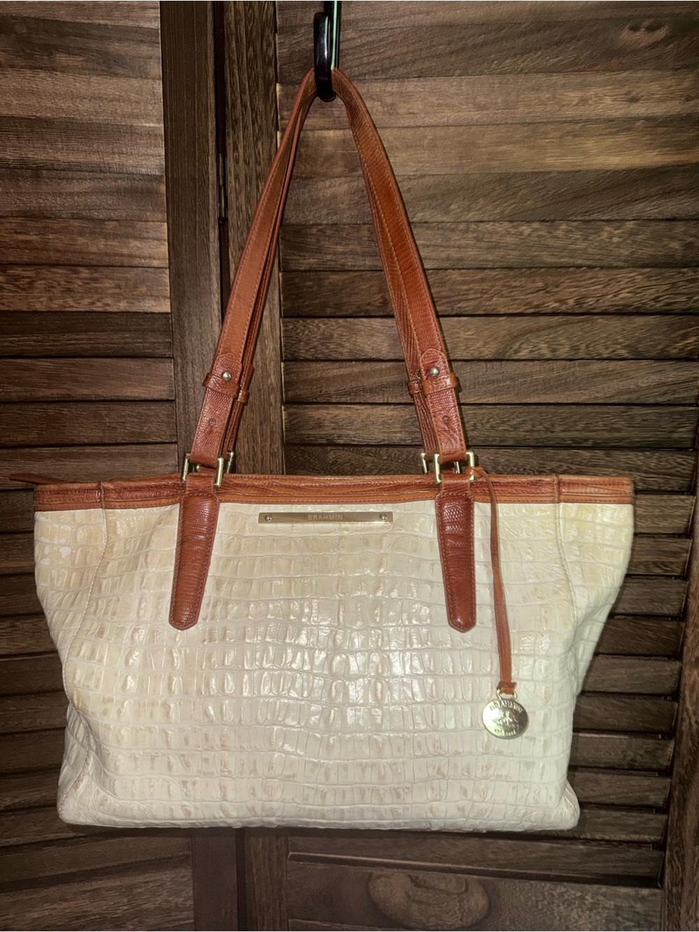 Brahmin Cream Croc-Embossed Tote with Brown Trim and Straps